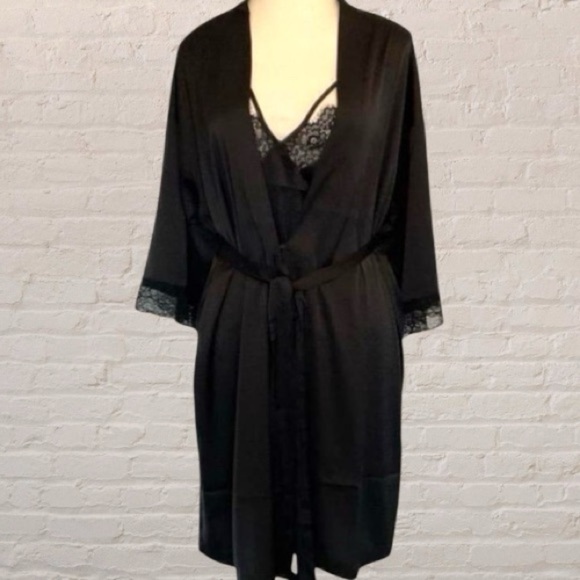 R. Line Other - $5$ add on R. Line Black Satin and Lace Robe and Cami 2 piece Set XXS/XS